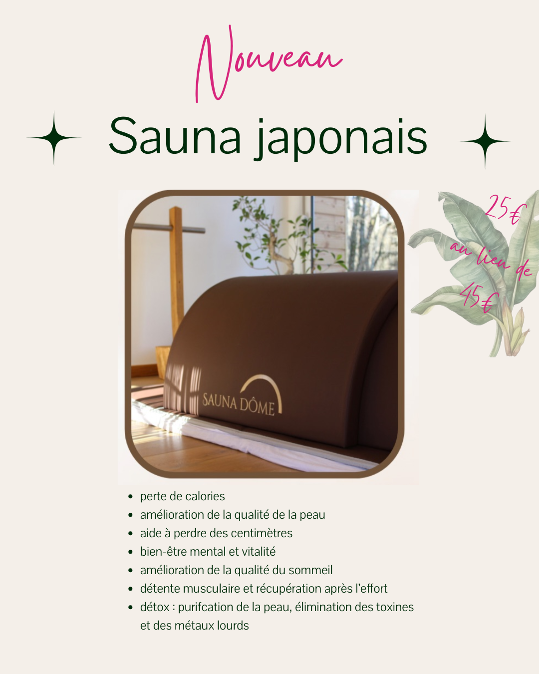 Stress, fatigue, insomnies… et si tu pouvais tout relâcher en seulement 30 minutes ?
Découvre le sauna dôme : ta 1ère séance est à 25€ au lieu de 45€ avec le code SAUNA.
Réserve dès maintenant et offre à ton corps et à ton esprit une vraie respiration ! image